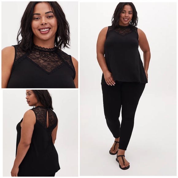 torrid Tops - Torrid Studio Knit Lace Mock Neck Keyhole Back Swing Tank Black